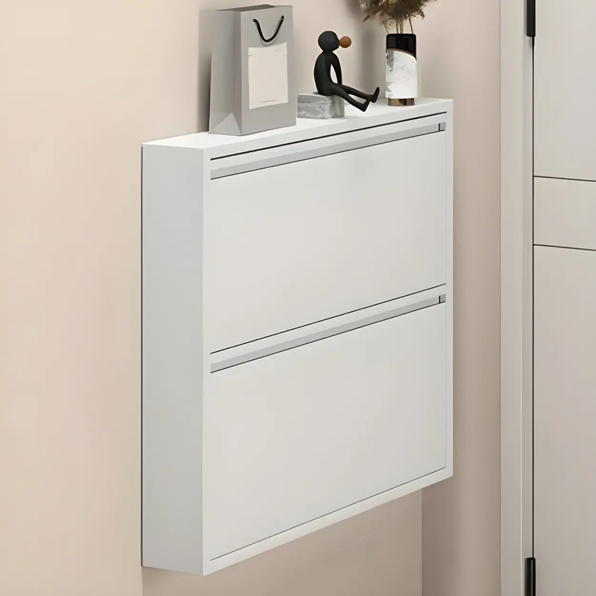 Wall Mounted Wooden Entryway White Drop Front Shoe Storage Image - 5