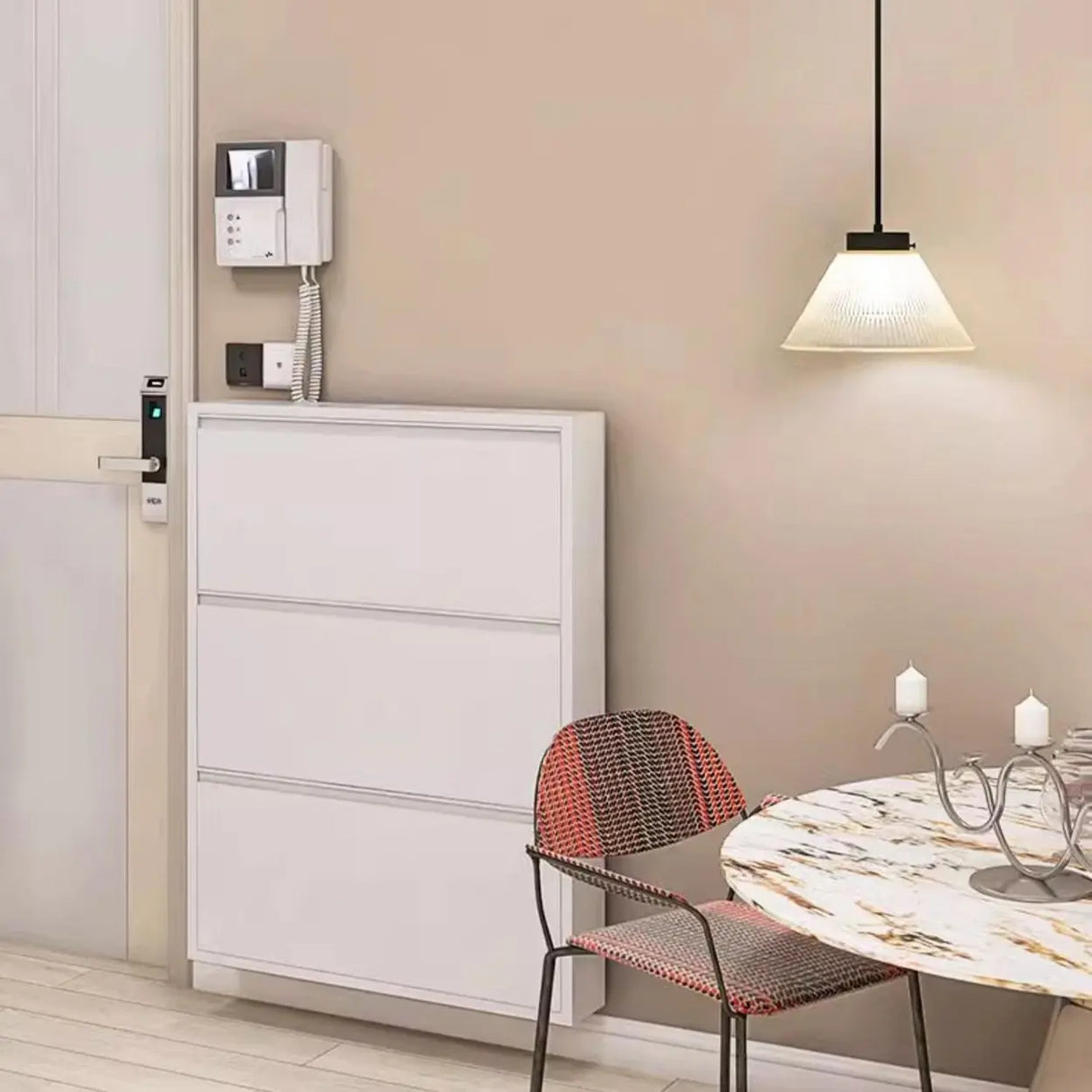 Wall Mounted Wooden Entryway White Drop Front Shoe Storage Image - 6