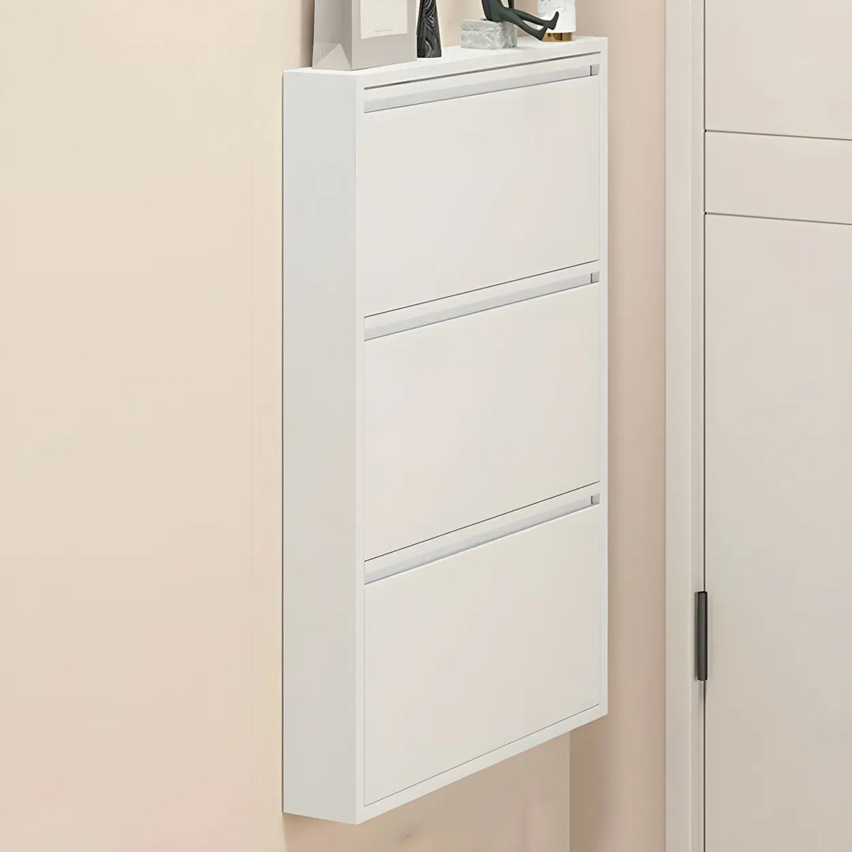 Wall Mounted Wooden Entryway White Drop Front Shoe Storage Image - 7