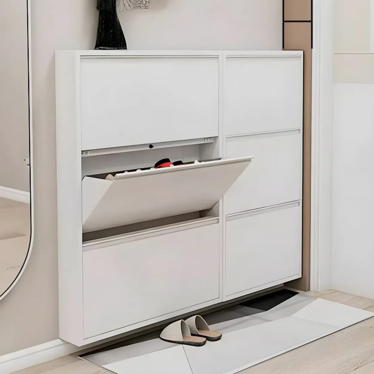 Wall Mounted Wooden Entryway White Drop Front Shoe Storage Image - 8