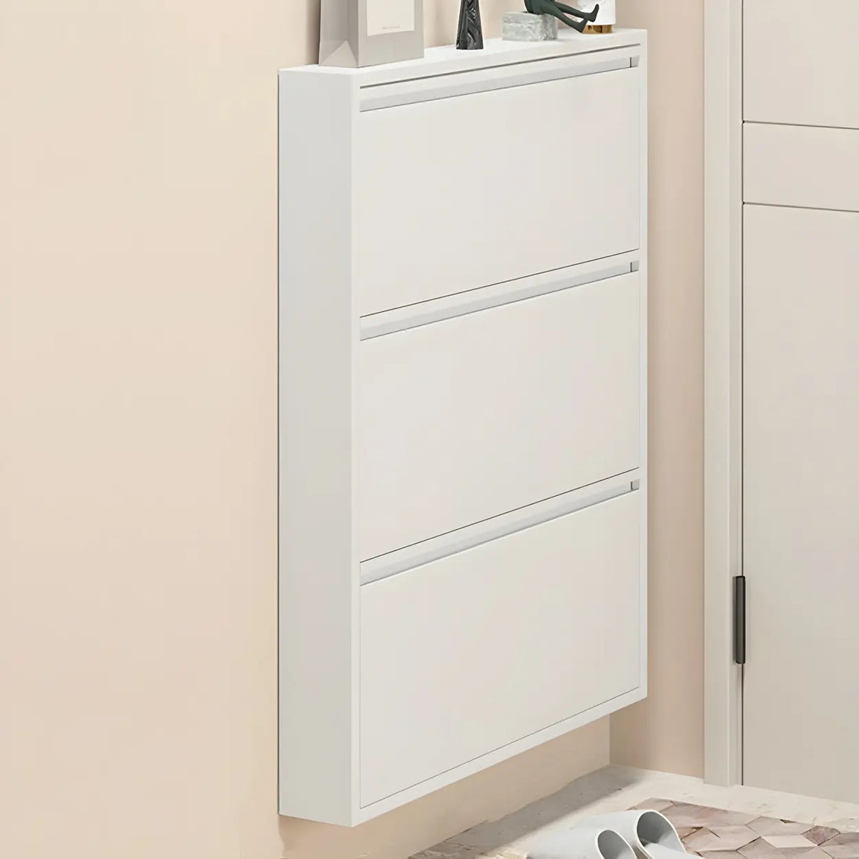 Wall Mounted Wooden Entryway White Drop Front Shoe Storage Image - 9