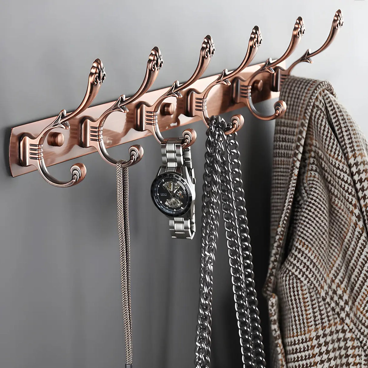 Wall-Mounted Metal Bronze Decorative Coat Rack with Hooks Image - 1