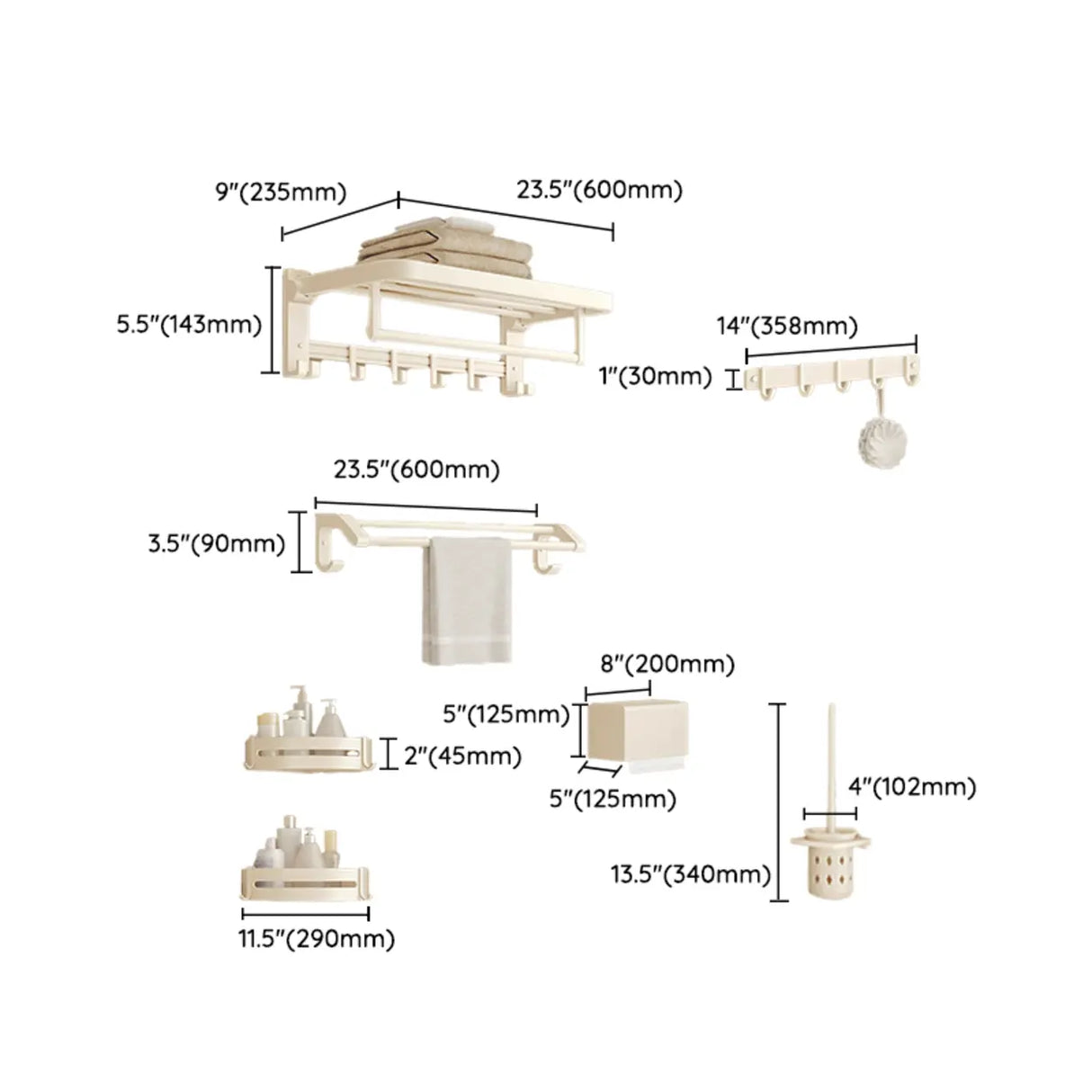 Wall-Mounted Metal White Shelf Bathroom Hardware Set