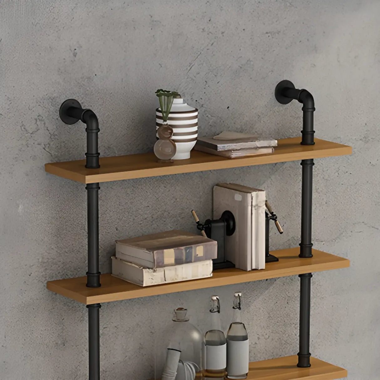 Wall Mounted Rustic Ladder Pipe Pine Display Bookshelf Image - 20