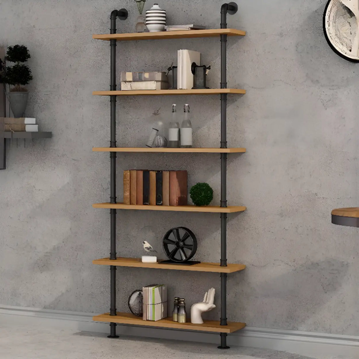 Wall Mounted Rustic Ladder Pipe Pine Display Bookshelf Image - 1