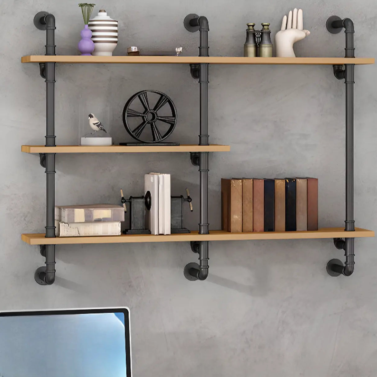 Wall Mounted Rustic Ladder Pipe Pine Display Bookshelf Image - 5