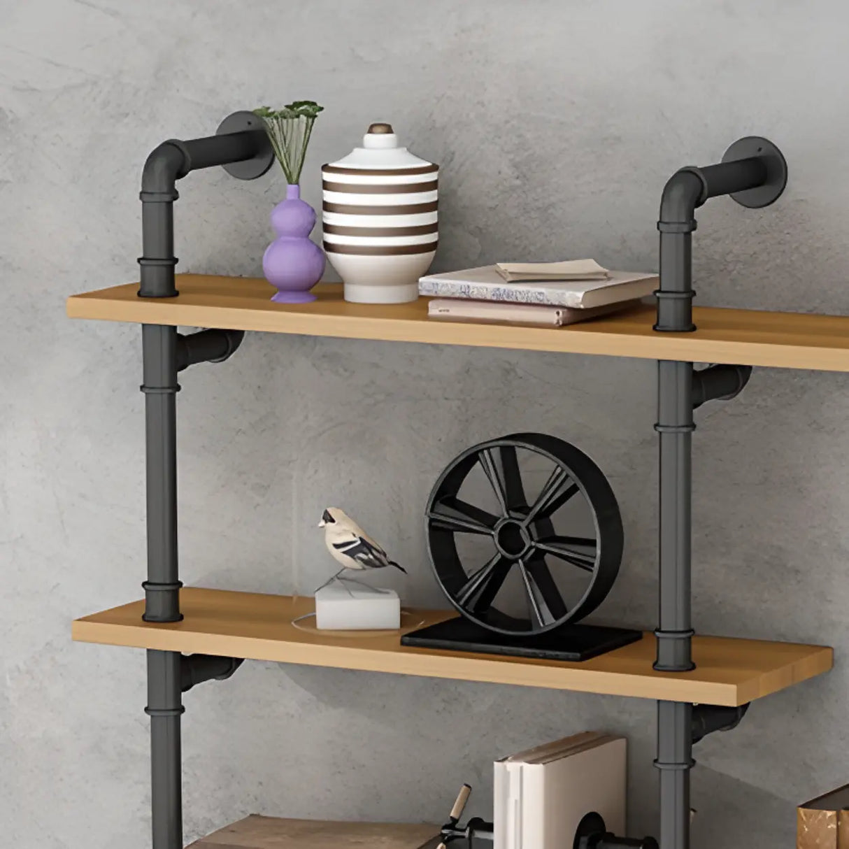 Wall Mounted Rustic Ladder Pipe Pine Display Bookshelf Image - 7