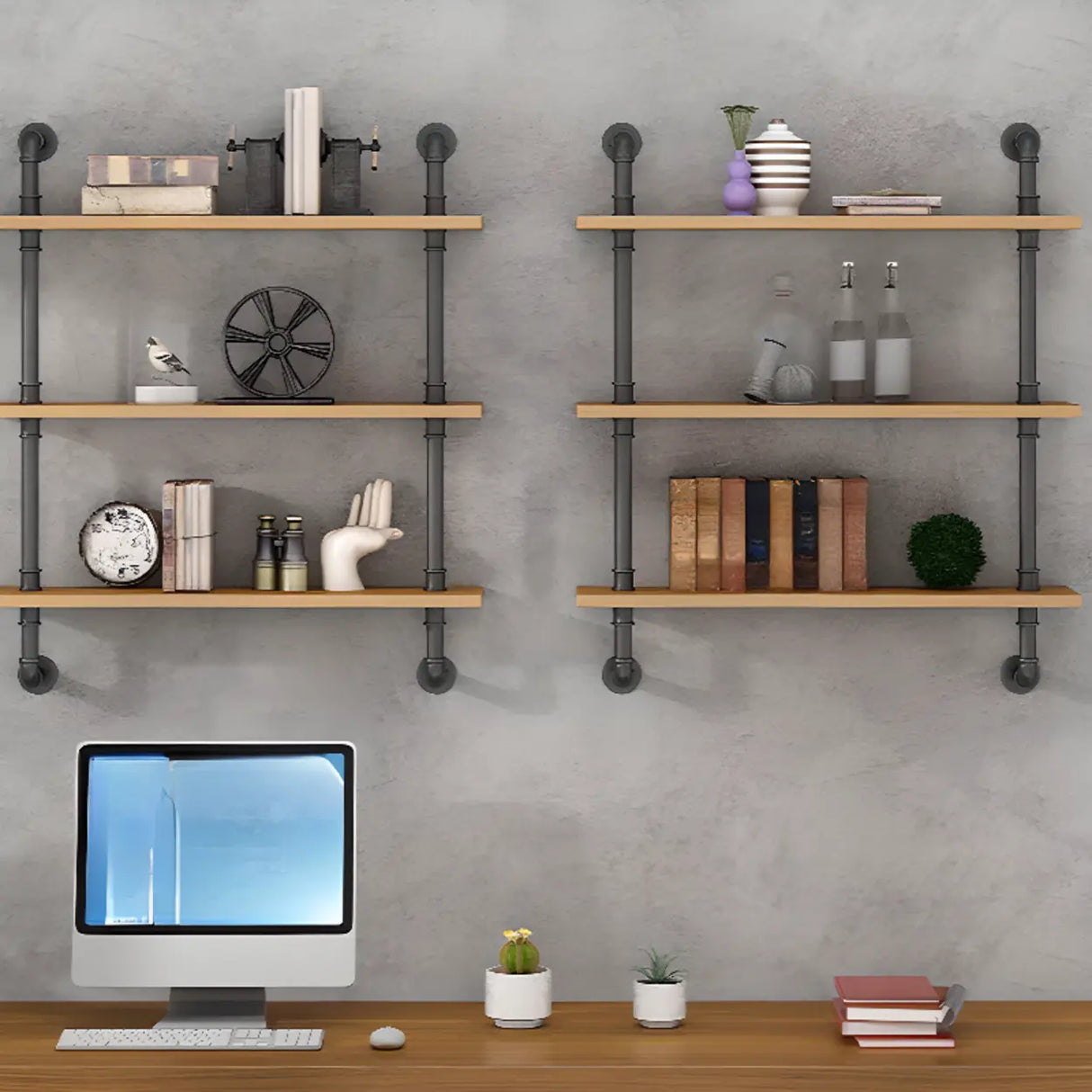 Wall Mounted Rustic Ladder Pipe Pine Display Bookshelf Image - 4