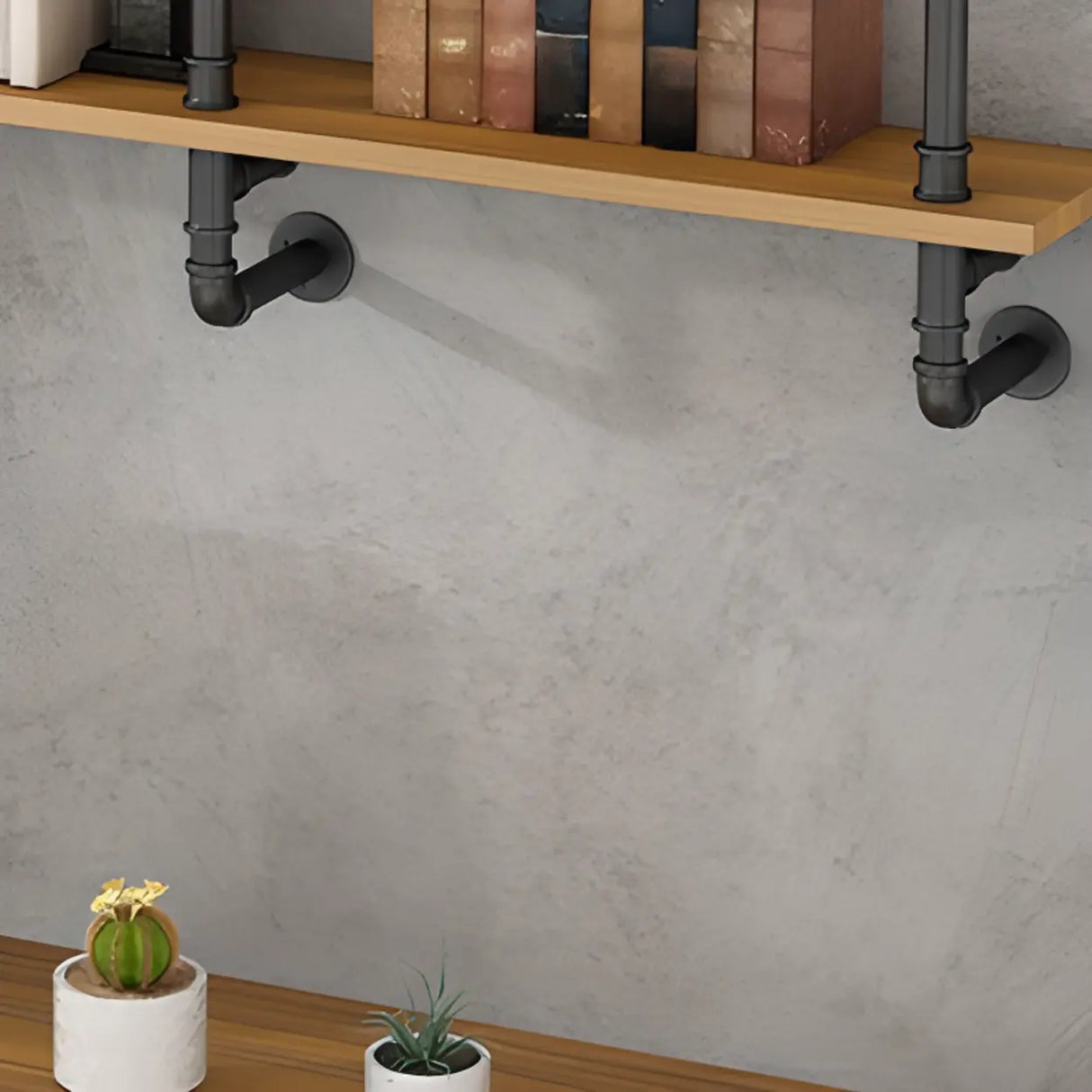 Wall Mounted Rustic Ladder Pipe Pine Display Bookshelf Image - 11