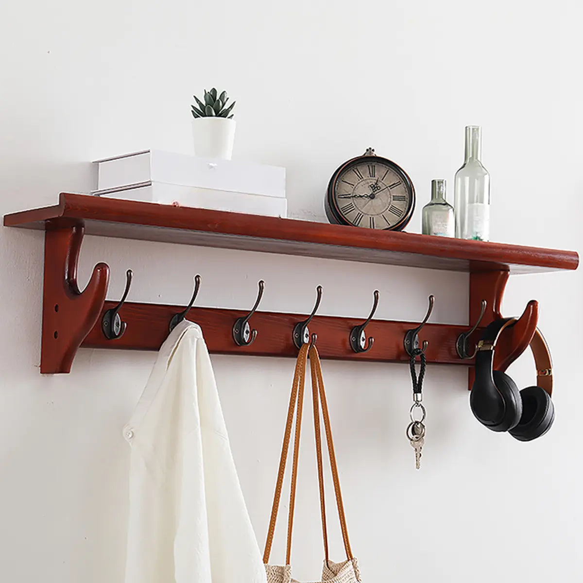 Wall-Mounted Wood Brown Coat Rack with Shelf and Hooks Image - 1