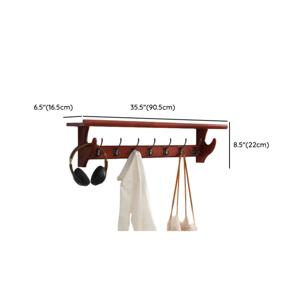 Wall-Mounted Wood Brown Coat Rack with Shelf and Hooks Image - 10