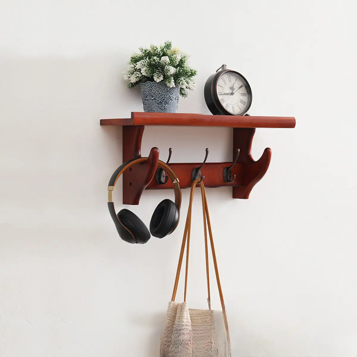 Wall-Mounted Wood Brown Coat Rack with Shelf and Hooks Image - 3