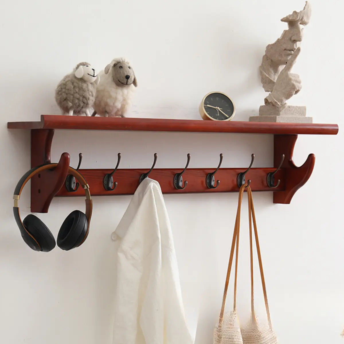 Wall-Mounted Wood Brown Coat Rack with Shelf and Hooks Image - 4