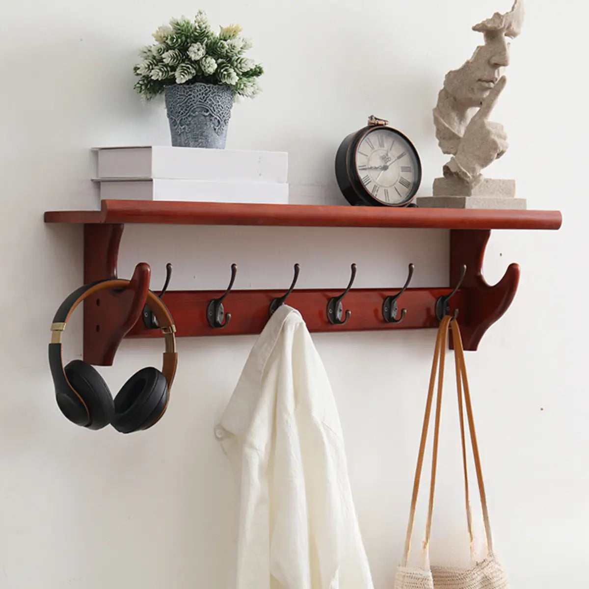 Wall-Mounted Wood Brown Coat Rack with Shelf and Hooks Image - 5