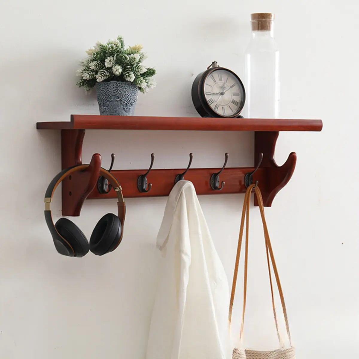 Wall-Mounted Wood Brown Coat Rack with Shelf and Hooks Image - 6