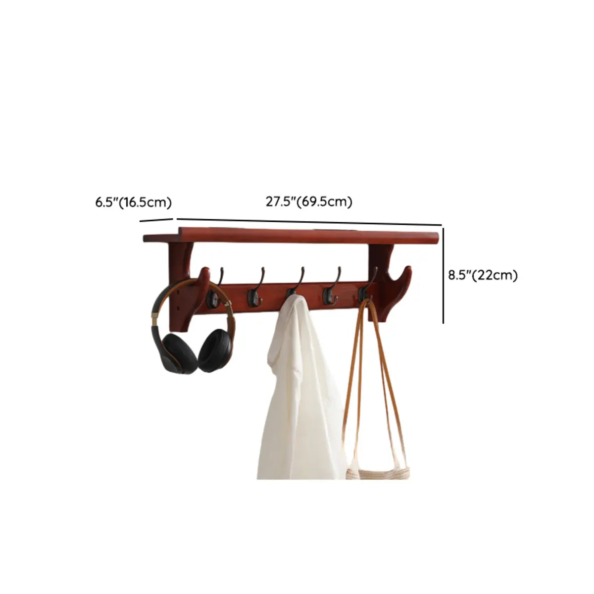 Wall-Mounted Wood Brown Coat Rack with Shelf and Hooks Image - 8