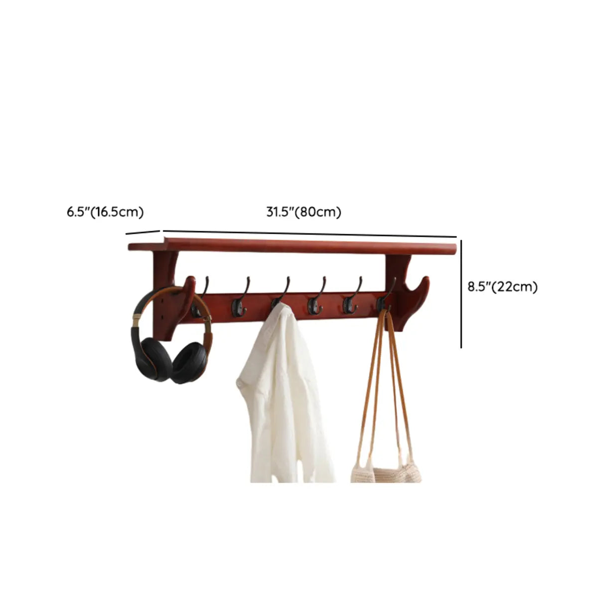 Wall-Mounted Wood Brown Coat Rack with Shelf and Hooks Image - 9