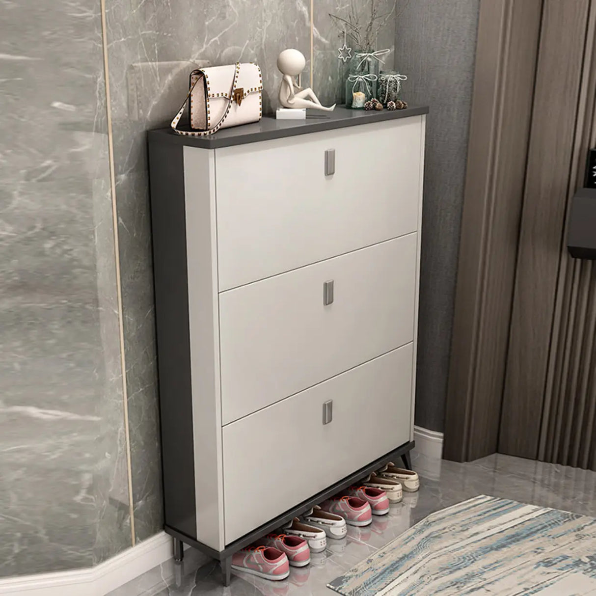 Wall Mounted Wood Entryway Grey Medium Shoe Storage Unit Image - 11