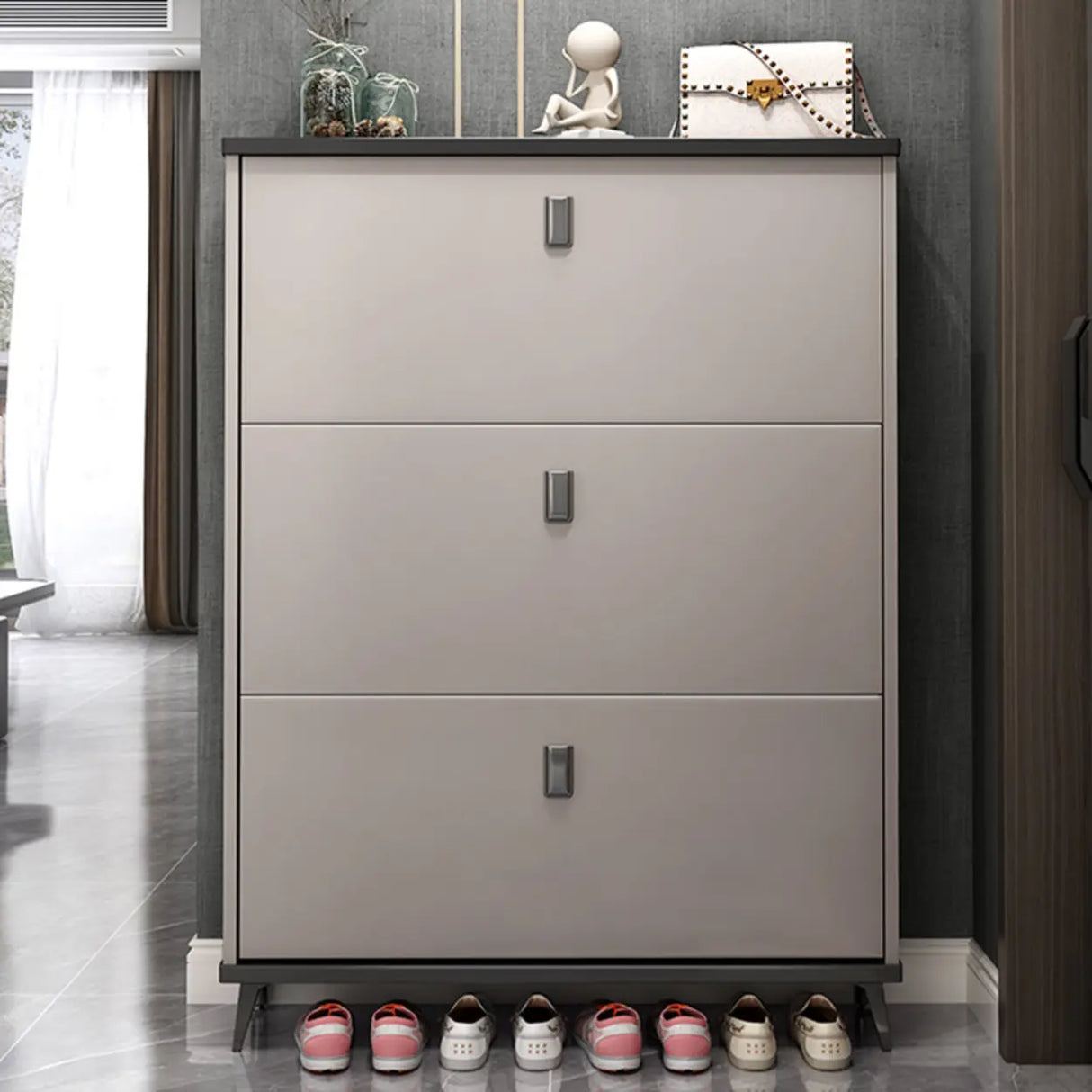 Wall Mounted Wood Entryway Grey Medium Shoe Storage Unit Image - 1