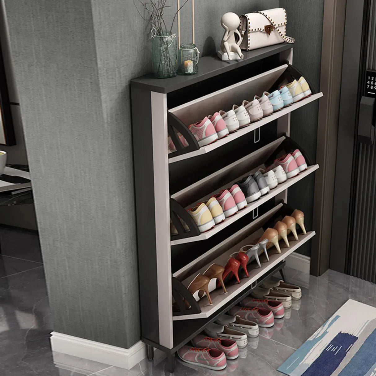 Wall Mounted Wood Entryway Grey Medium Shoe Storage Unit Image - 3