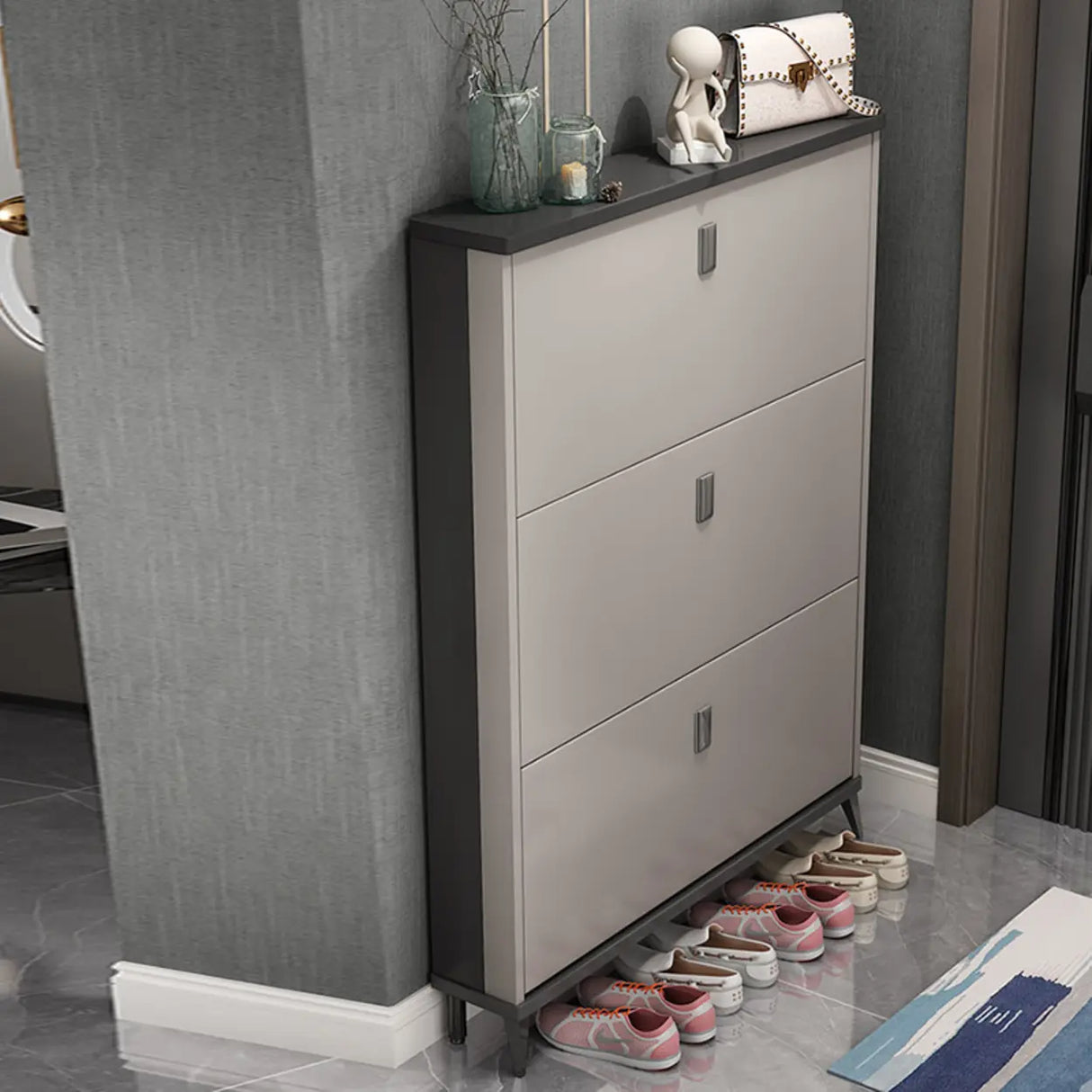 Wall Mounted Wood Entryway Grey Medium Shoe Storage Unit Image - 4