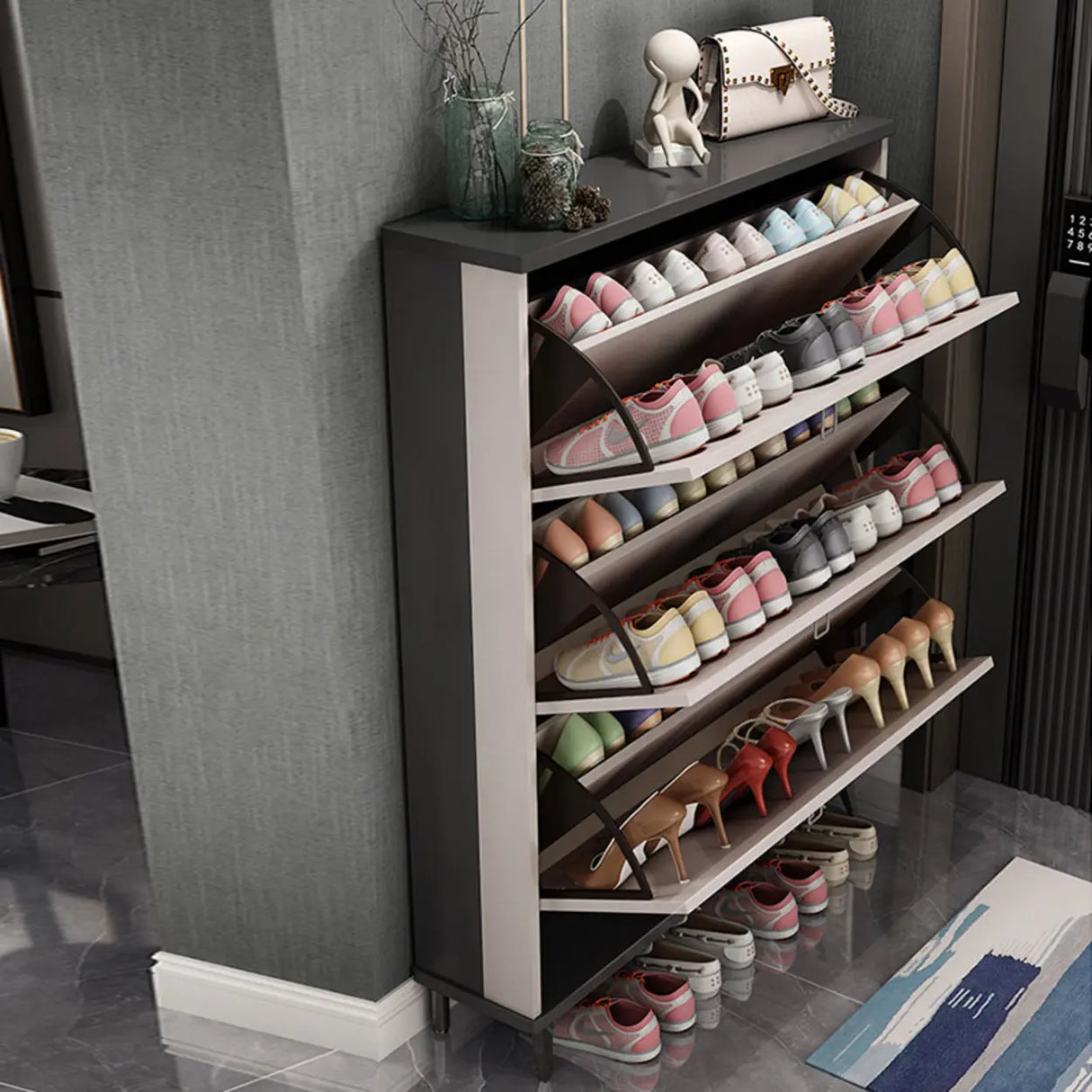 Wall Mounted Wood Entryway Grey Medium Shoe Storage Unit Image - 5