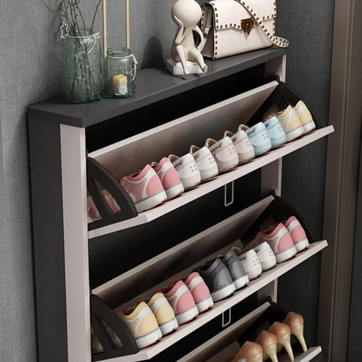 Wall Mounted Wood Entryway Grey Medium Shoe Storage Unit Image - 7