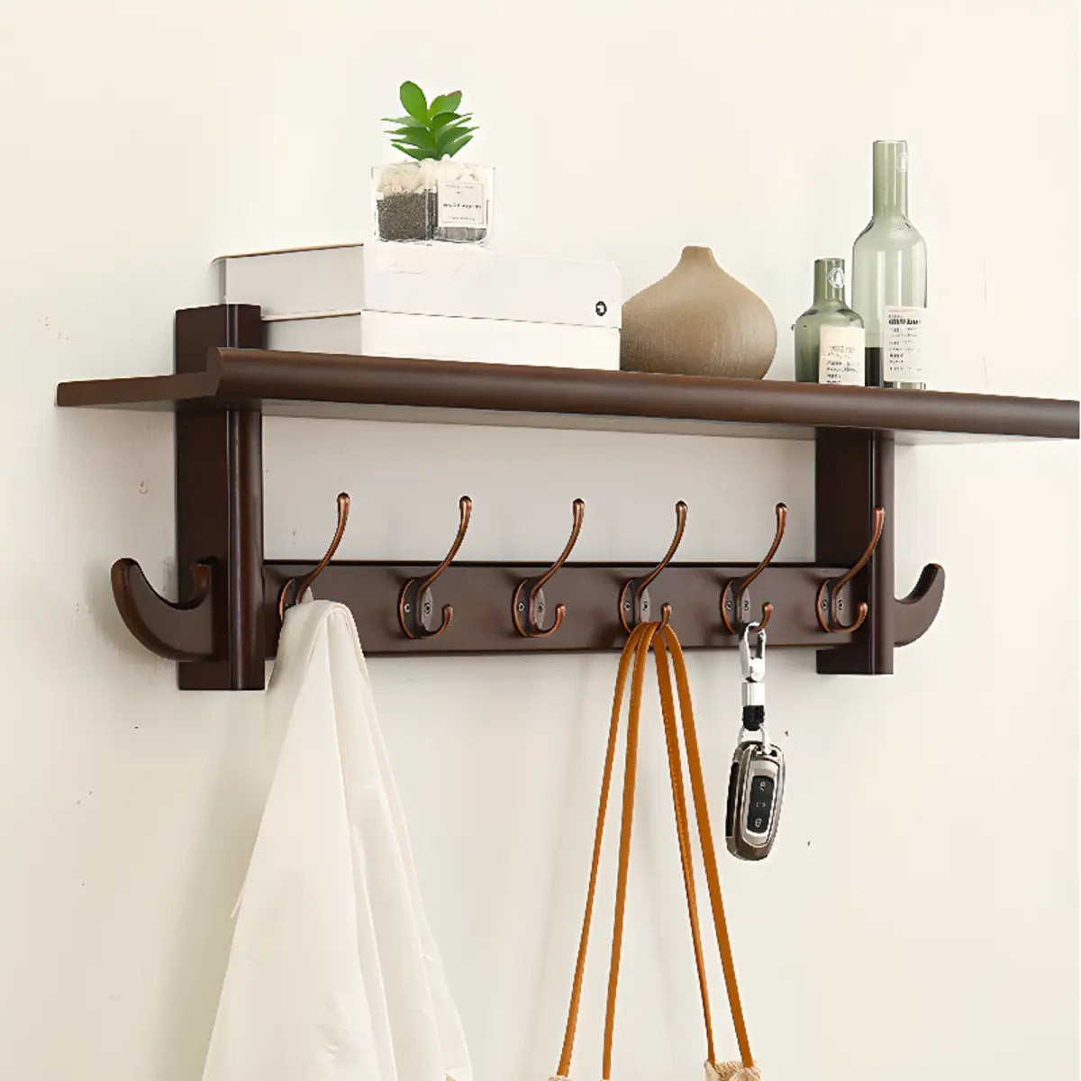 Wall-Mounted Wood Nut-Brown Shelf Coat Rack Organizer Image - 1