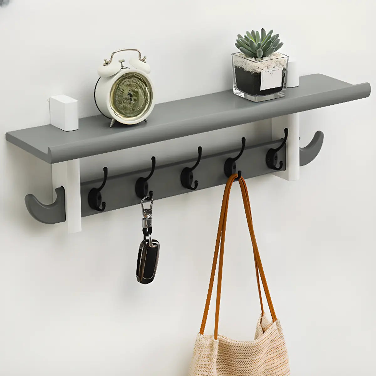 Wall-Mounted Wood Nut-Brown Shelf Coat Rack Organizer Image - 2