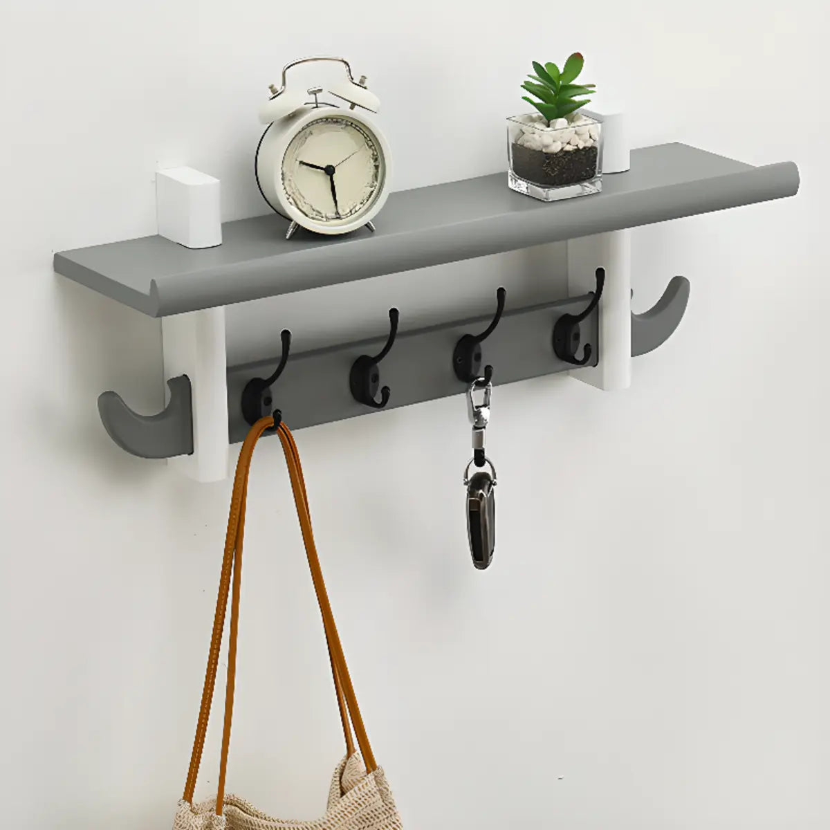 Wall-Mounted Wood Nut-Brown Shelf Coat Rack Organizer Image - 3