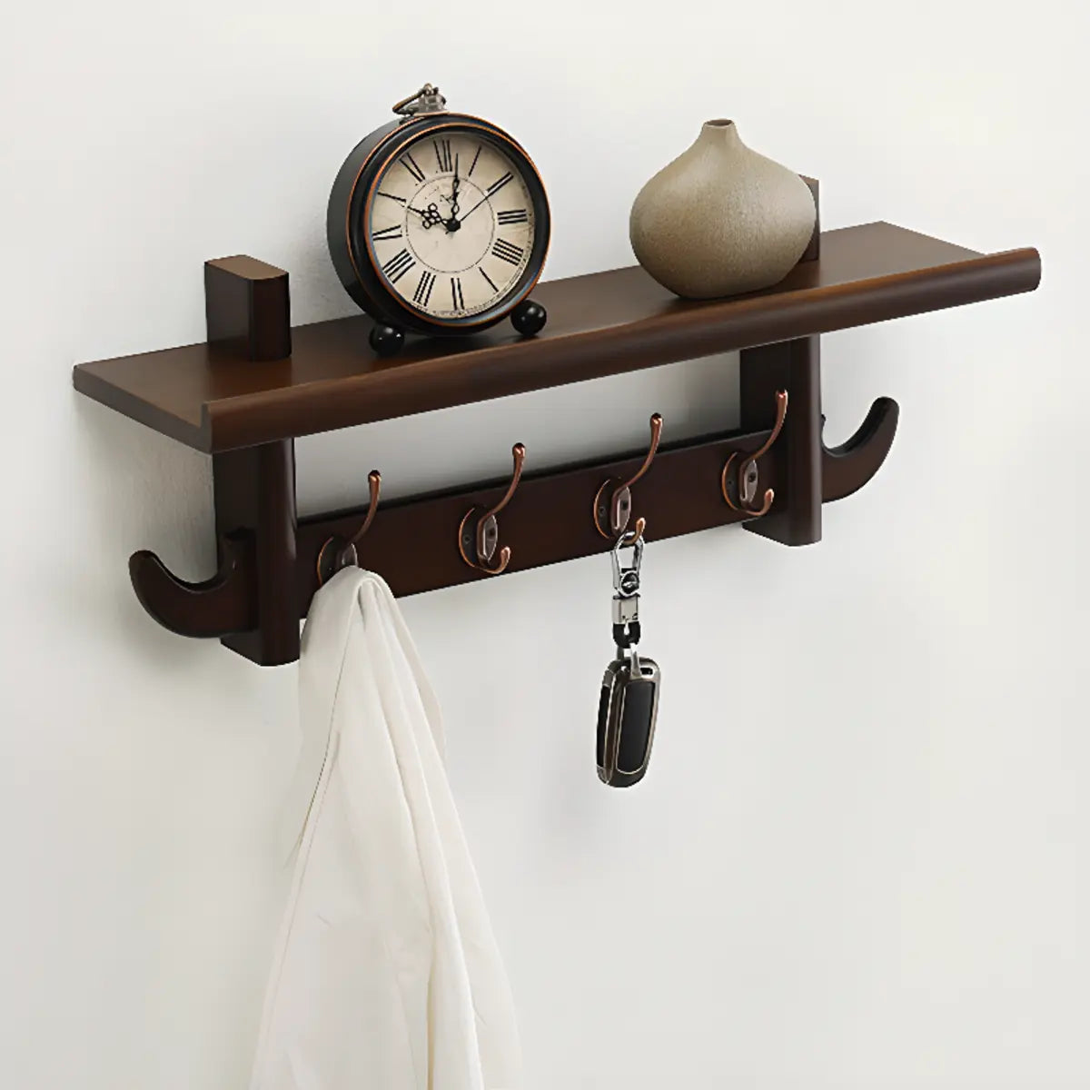 Wall-Mounted Wood Nut-Brown Shelf Coat Rack Organizer Image - 4