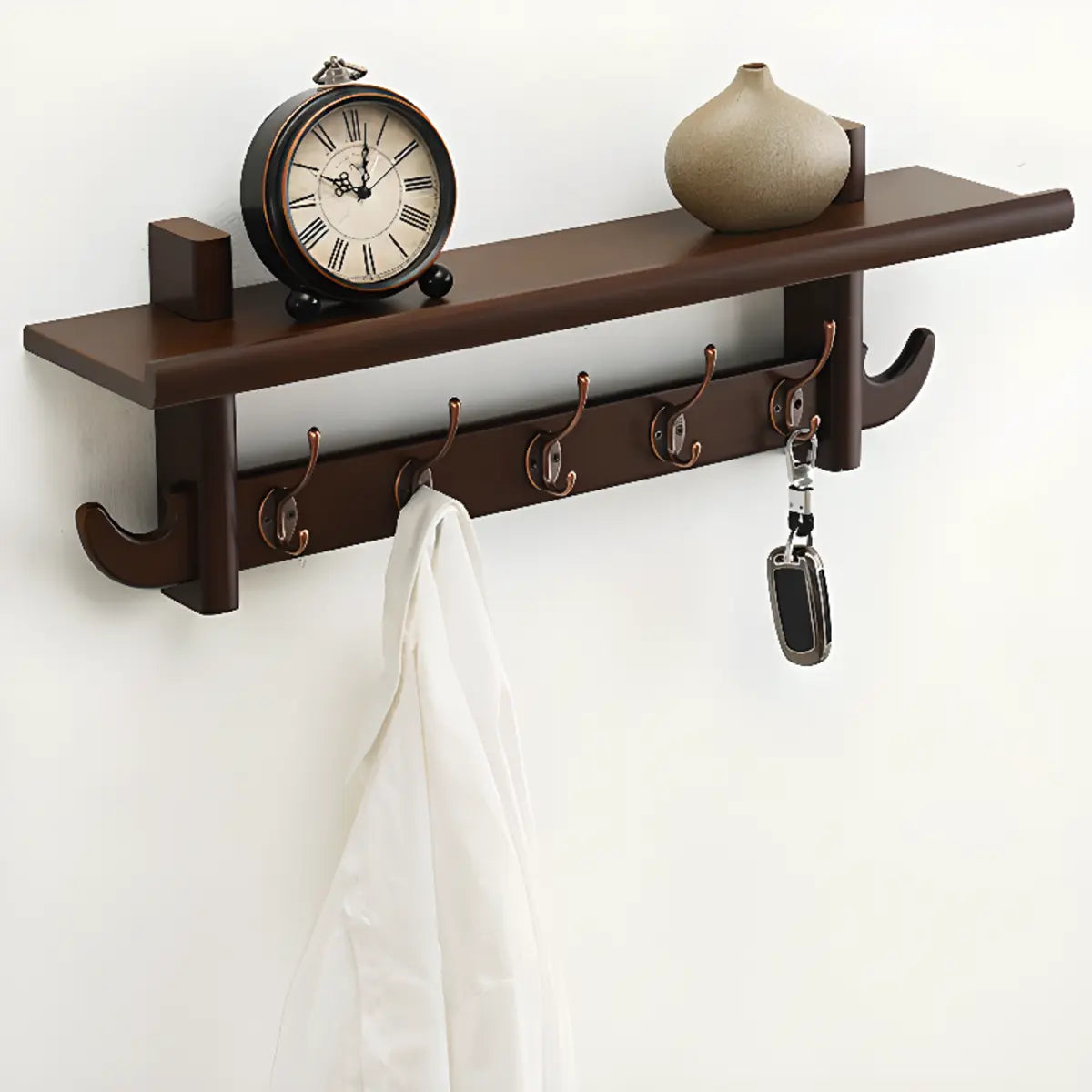 Wall-Mounted Wood Nut-Brown Shelf Coat Rack Organizer Image - 7