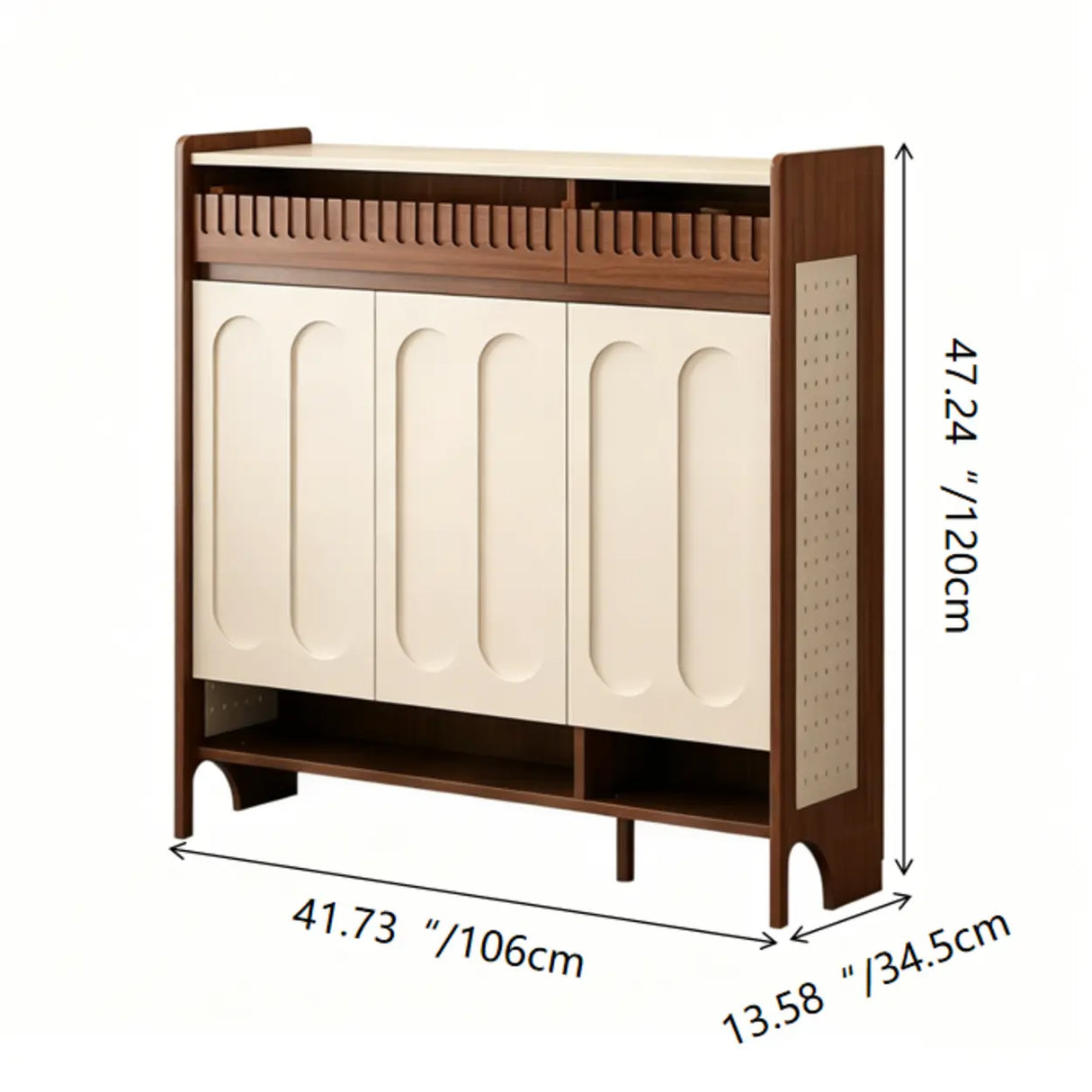 Walnut and White Shoe Storage Cabinet with Drawers and Adjustable Shelves Image - 12