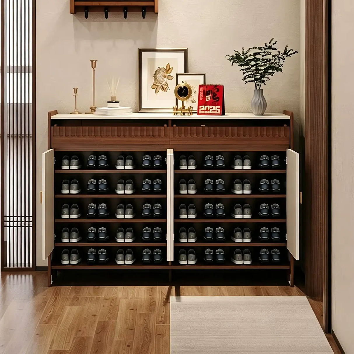 Walnut and White Shoe Storage Cabinet with Drawers and Adjustable Shelves Image - 6