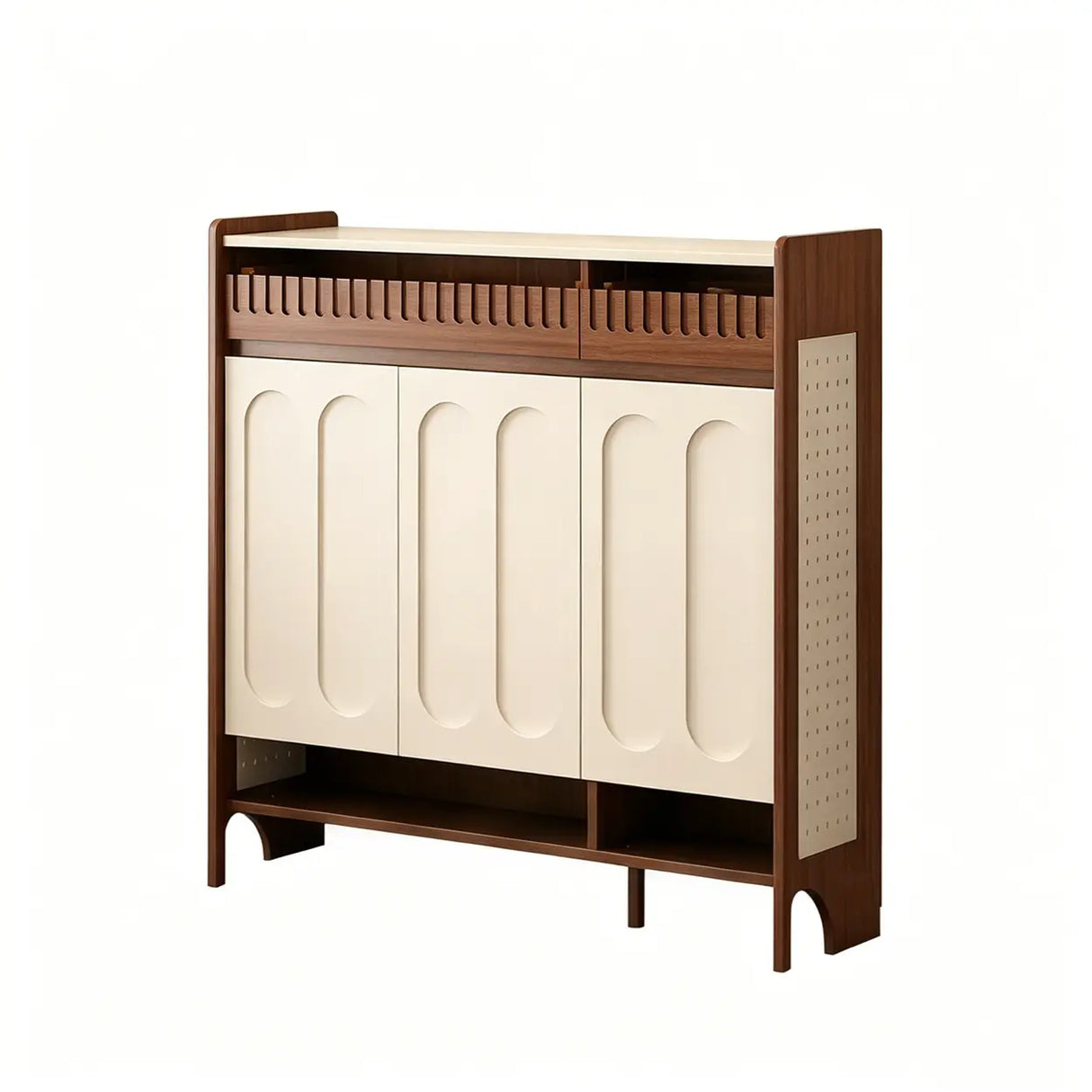 Walnut and White Shoe Storage Cabinet with Drawers and Adjustable Shelves Image - 9