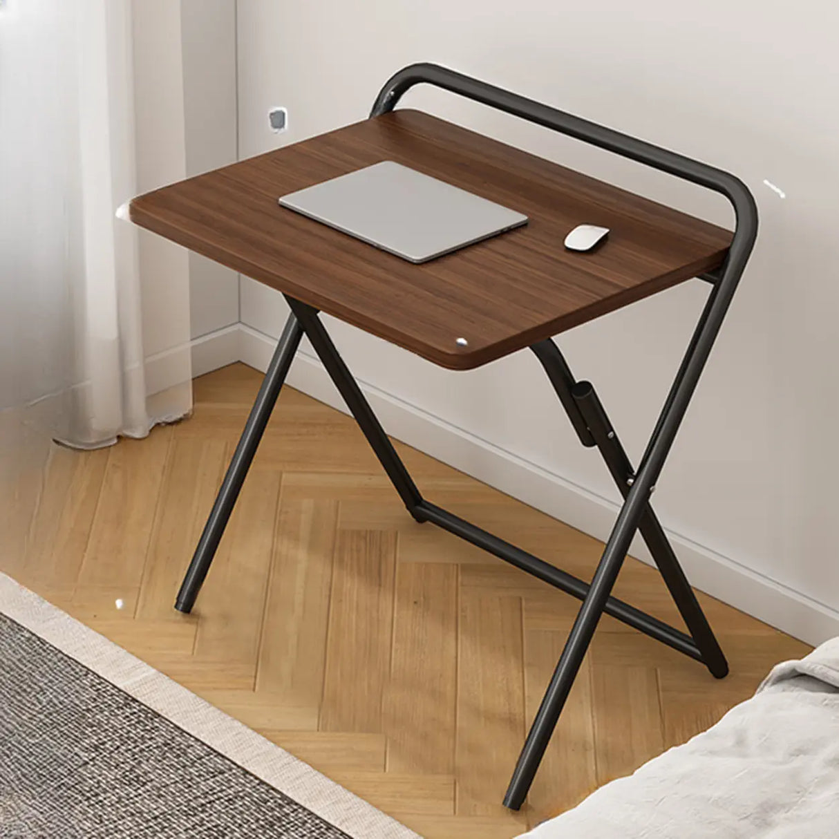 Walnut-Black Foldable Wood Rectangular Small Desk Image - 11