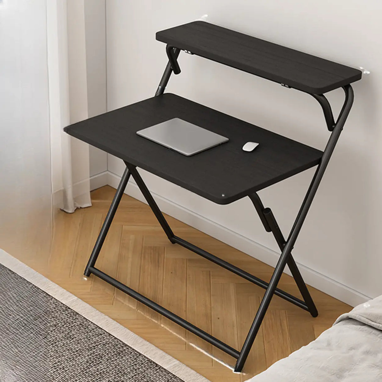 Walnut-Black Foldable Wood Rectangular Small Desk Image - 14