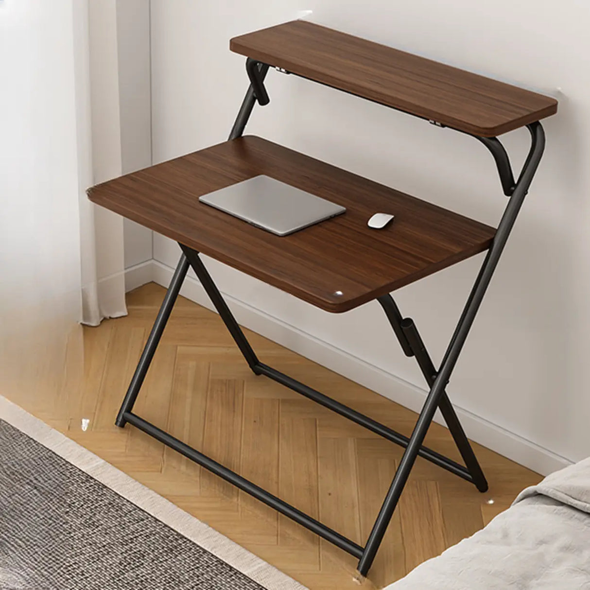 Walnut-Black Foldable Wood Rectangular Small Desk Image - 16