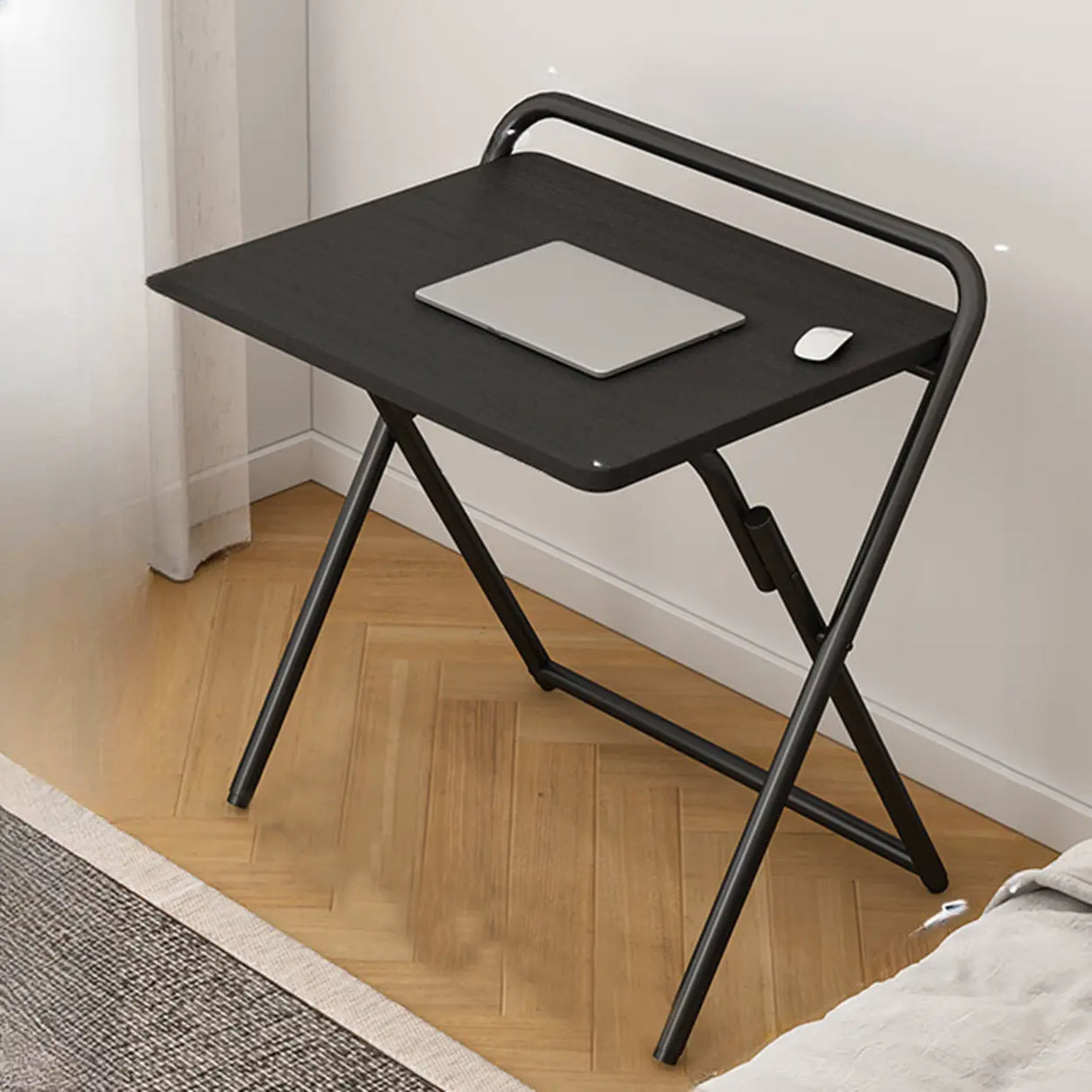 Walnut-Black Foldable Wood Rectangular Small Desk Image - 18