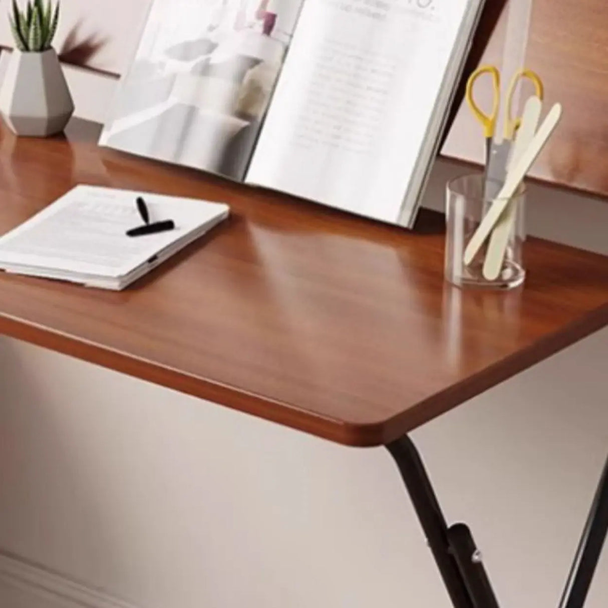 Walnut-Black Foldable Wood Rectangular Small Desk Image - 19