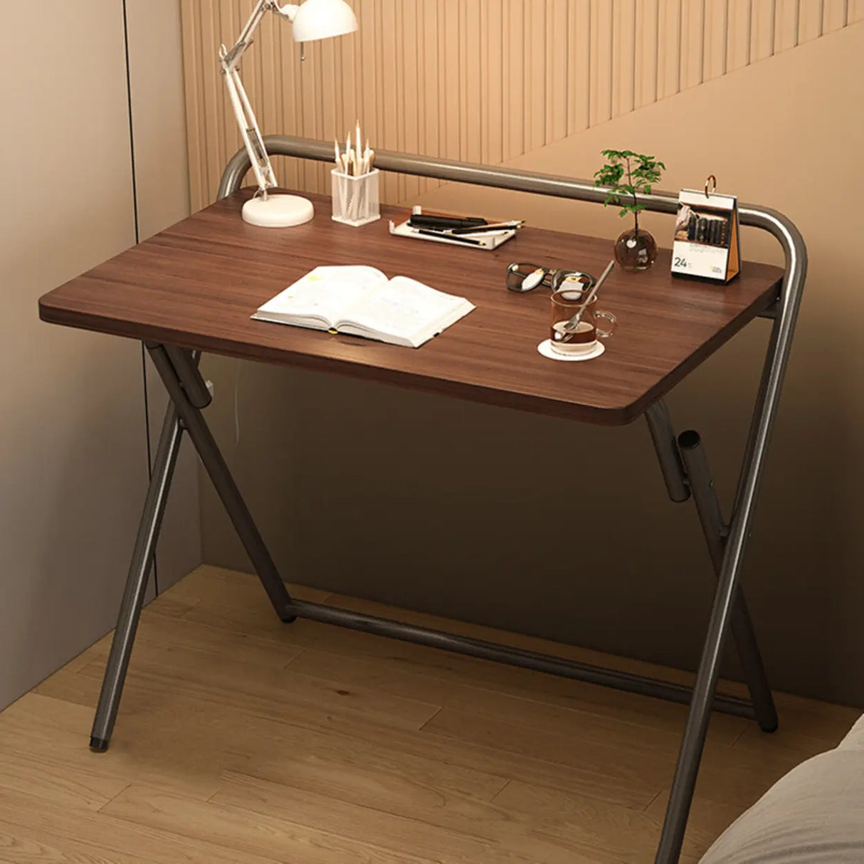 Walnut-Black Foldable Wood Rectangular Small Desk Image - 1
