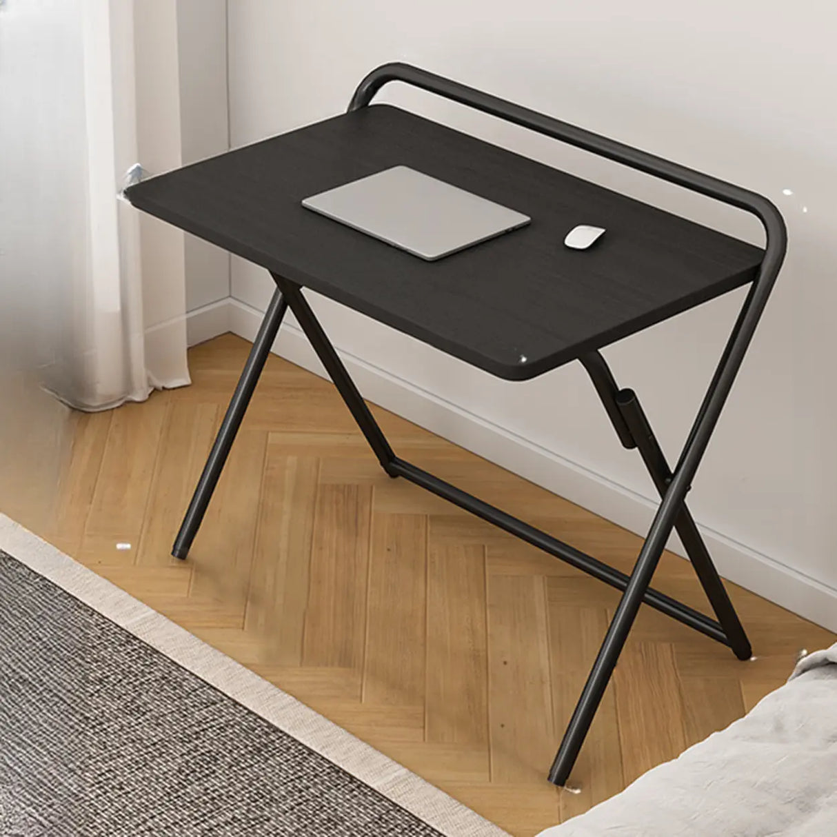 Walnut-Black Foldable Wood Rectangular Small Desk Image - 21