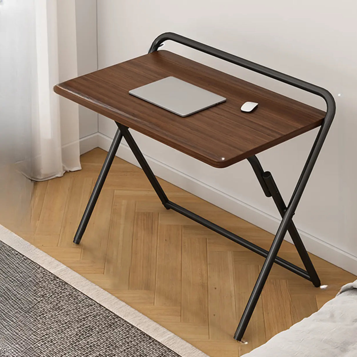 Walnut-Black Foldable Wood Rectangular Small Desk Image - 2
