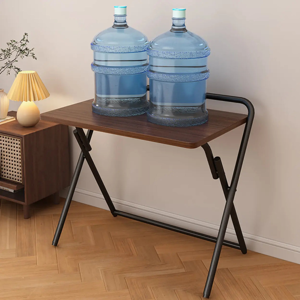 Walnut-Black Foldable Wood Rectangular Small Desk Image - 6