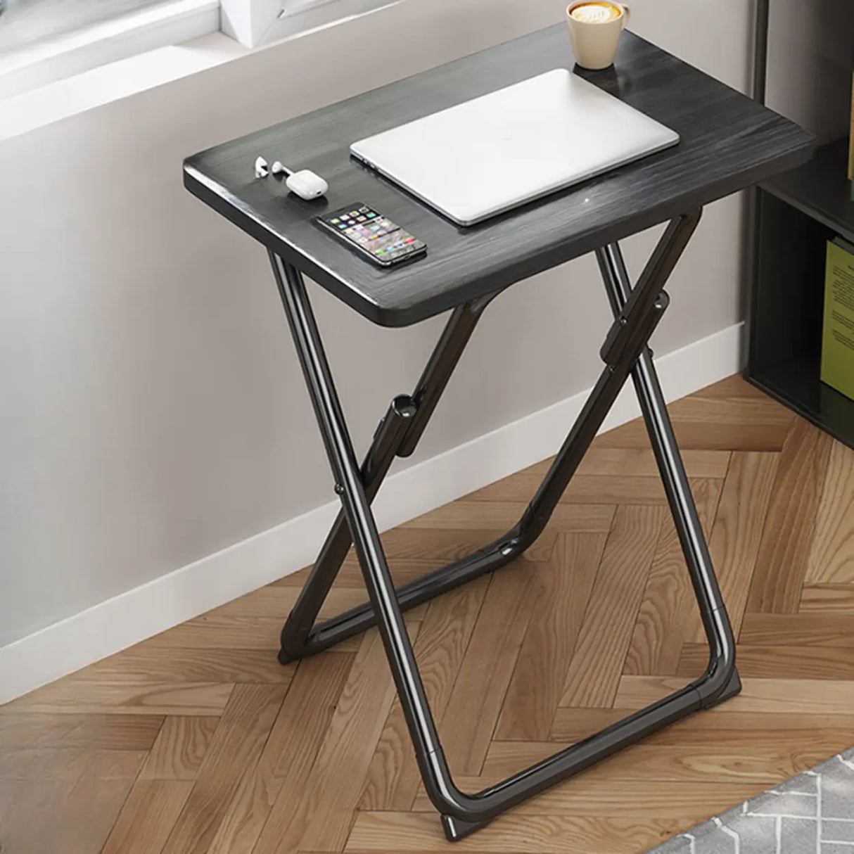 Walnut-Black Foldable Wood Rectangular Small Desk Image - 8