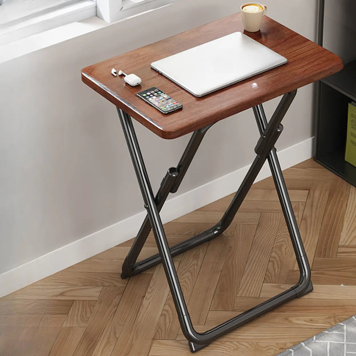 Walnut-Black Foldable Wood Rectangular Small Desk Image - 9
