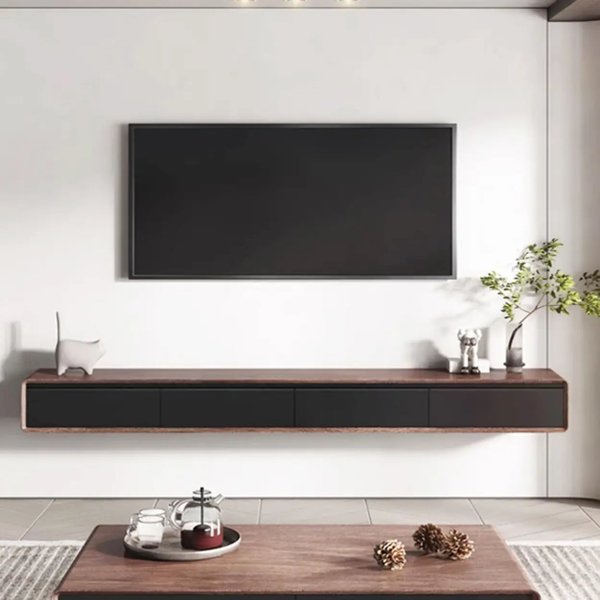 Walnut-Black Wooden Drawers Floating Mount TV Stand Image - 3