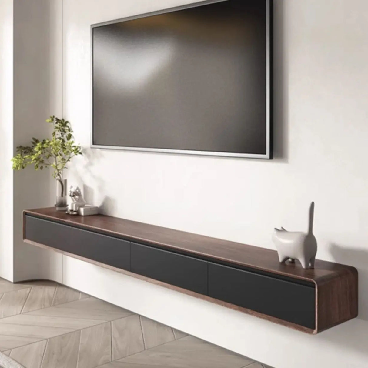Walnut-Black Wooden Drawers Floating Mount TV Stand Image - 6