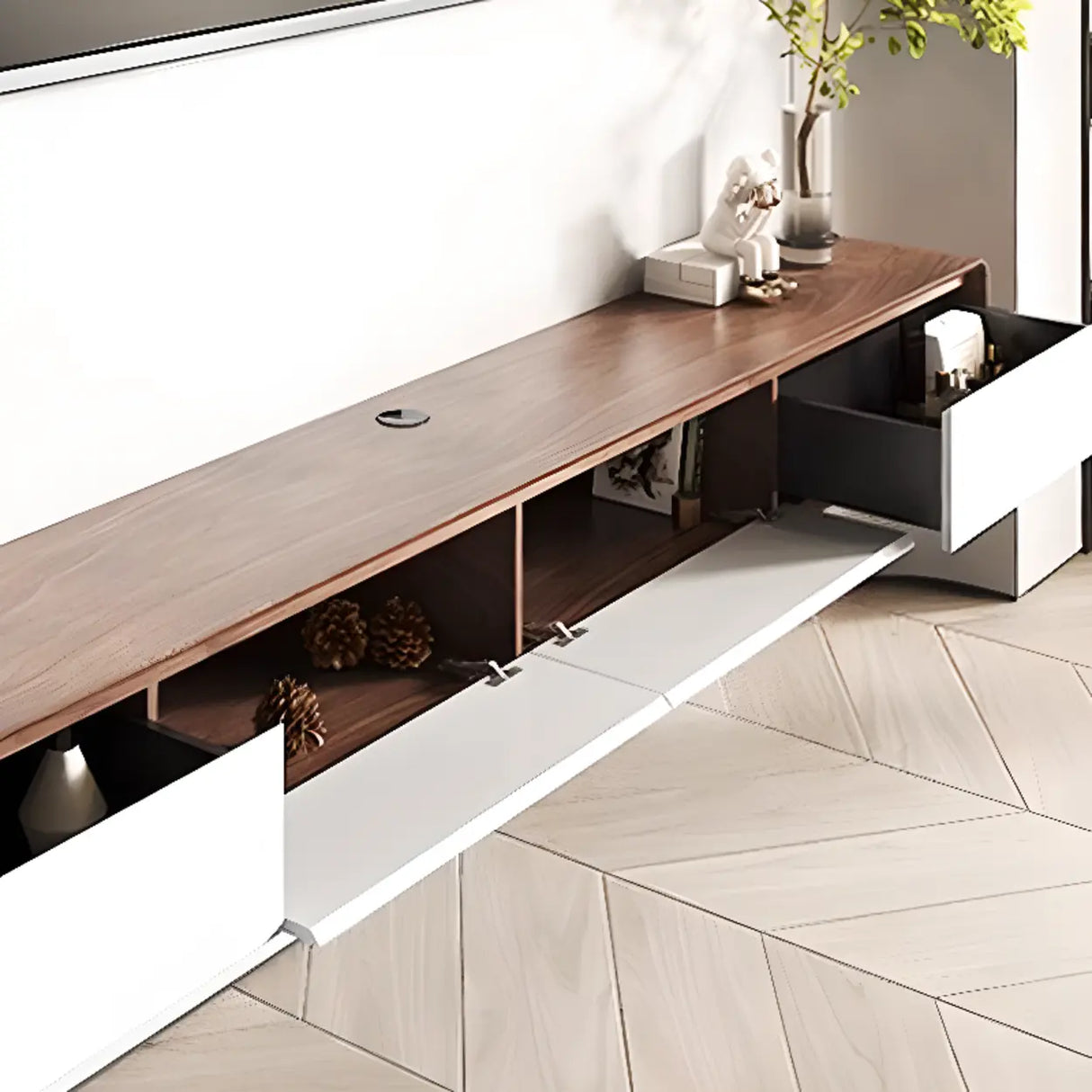 Walnut-Black Wooden Drawers Floating Mount TV Stand Image - 7