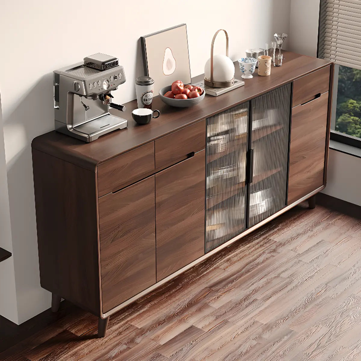 Walnut Brown Large Sideboard with Storage and Shelves Image - 1